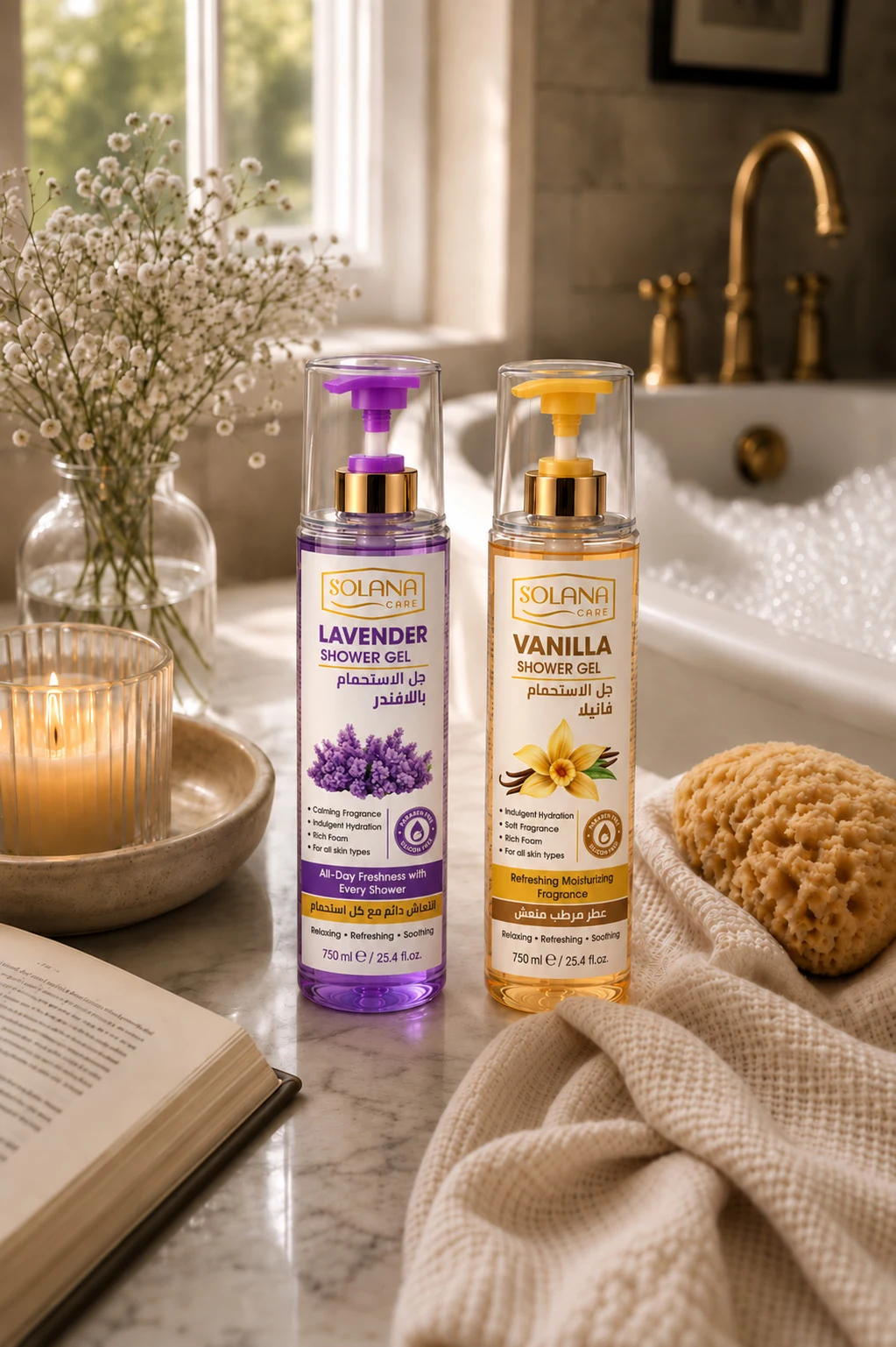 Solana Care 750 ml lavender and vanilla shower gel bottles in a bathroom setting