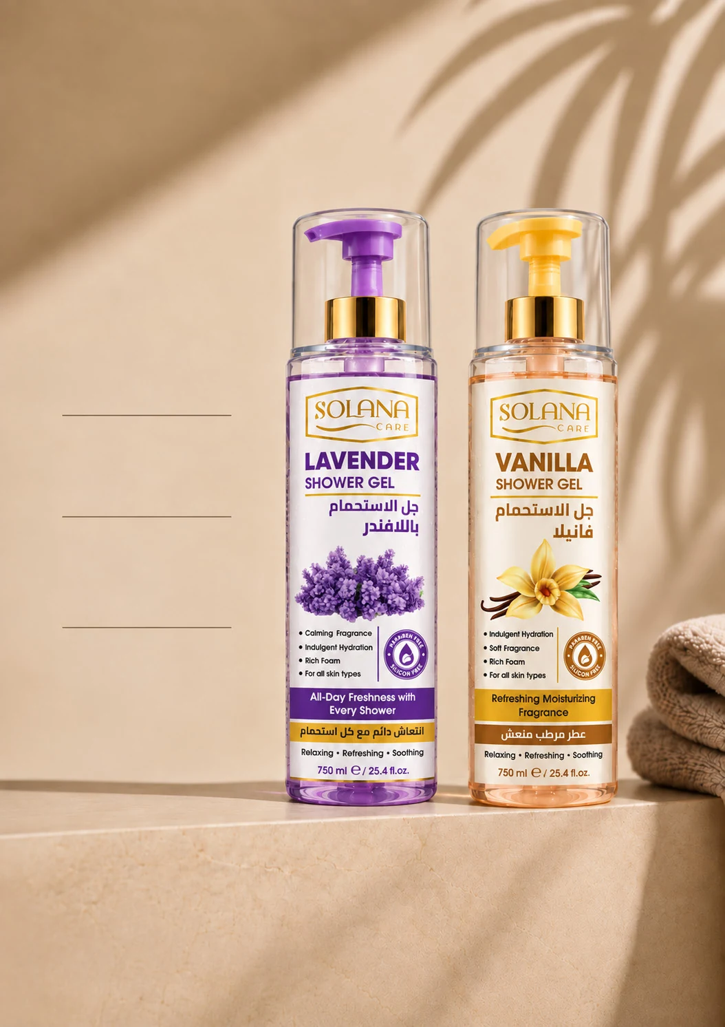Solana Care 750 ml lavender and vanilla shower gel bottles on a stone ledge