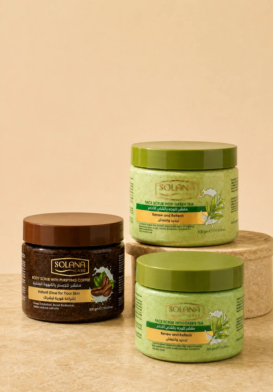 Solana Care catalogue scrub jars, including the Green Tea face scrub shown in the original artwork